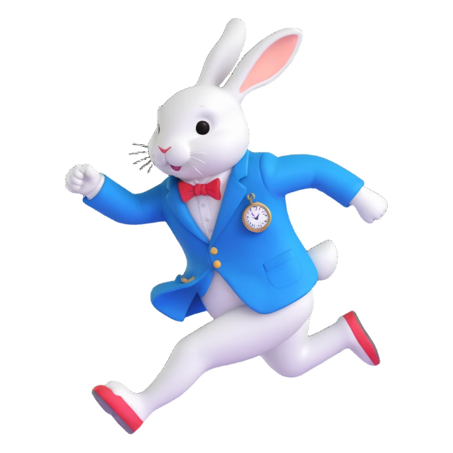 Alice in Wonderland white rabbit running with a pocket watch, wearing a blue jacket, energetic and storybook-inspired style emoji sticker