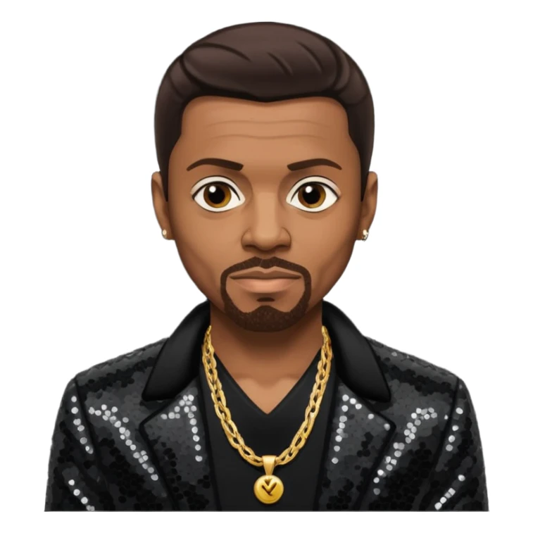 Keith Sweat (b.1961) with dark brown hair, black sequin jacket, black shirt with necklace sticker