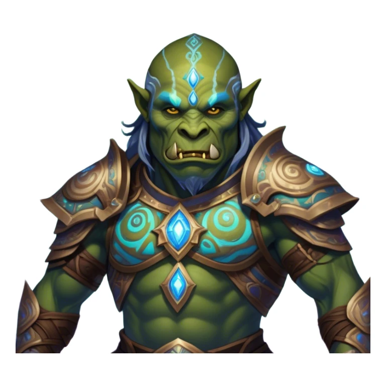 A luminescent galactic enchanted orc, his ethereal presence shimmering with otherworldly energy, each detail radiating with mystical power and ancient wisdom. The painting, a masterpiece of acrylic art, captures the orc's hauntingly beautiful visage in exquisite detail. Swirls of cosmic colors dance around him, evoking a sense of celestial wonder, while intricate patterns of glowing runes adorn his intricate armor. The image is vivid and captivating, drawing viewers into a mesmerizing realm of fantasy and magic. sticker