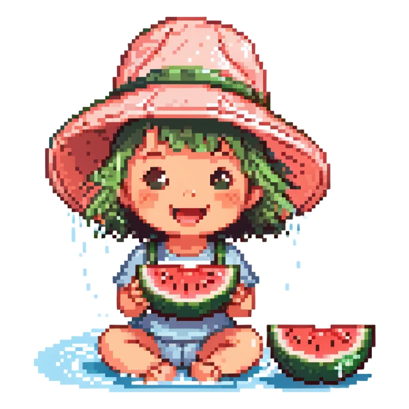 cute little kid in a sun hat joyfully eating watermelon by the riverside on a hot summer day with splashing water sparkles and refreshing breeze colorful pixel art style sticker