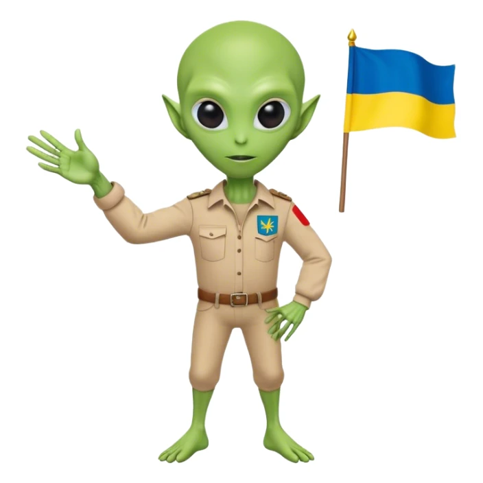 Green alien in Shirt 👚 vyshyvanka, white with red embodiary on sleeved, with 🇺🇦 Ukraine flag in a hand and 💪 sticker