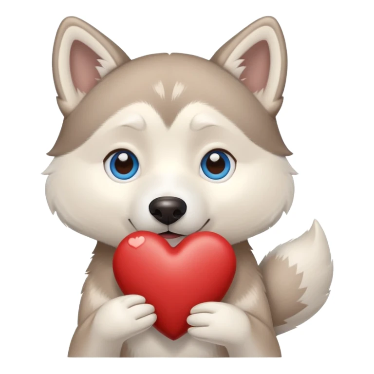 Beige husky with blue eyes holding a brown heart sticker