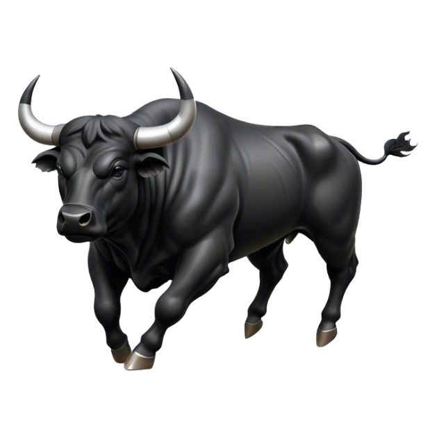 ​Cinematic Realistic Black Charging Bull, depicted in mid-charge with a powerful, muscular form and glossy black hide glistening under dynamic dramatic lighting, dust and motion captured mid-air to exude raw strength and unbridled energy on an expansive arena, sticker