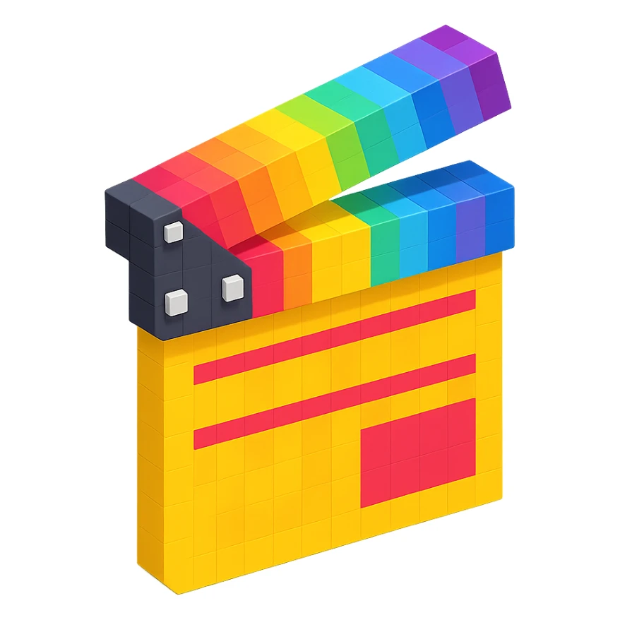 voxel style movie clapperboard with rainbow stripes, isometric view sticker