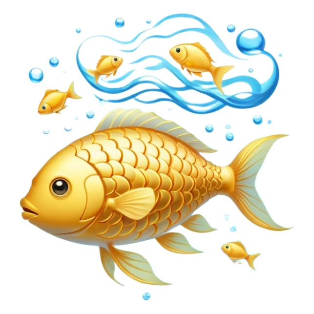 Ethereal golden fish swimming around a glowing brain, with omega-3 capsules floating between them. Flowing streams of luminous energy connect the fish, brain and omega symbol, all radiating with a soft golden light in a dreamy blue aura. sticker