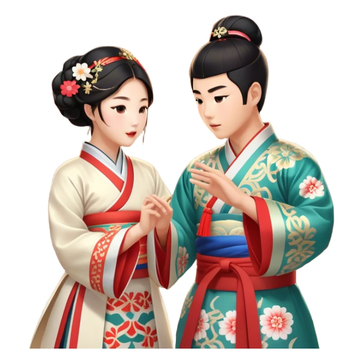 Cinematic Realistic scene of two performers engaging in Ganggangsullae, dressed in traditional Korean costumes with intricate patterns and graceful movements, illuminated by soft, festive lighting that accentuates the cultural ambiance sticker
