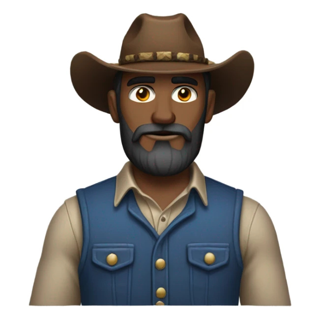 a rugged cowboy with a thick beard, wearing a blue vest over a classic western shirt. He should have a confident stance, showing full torso sticker