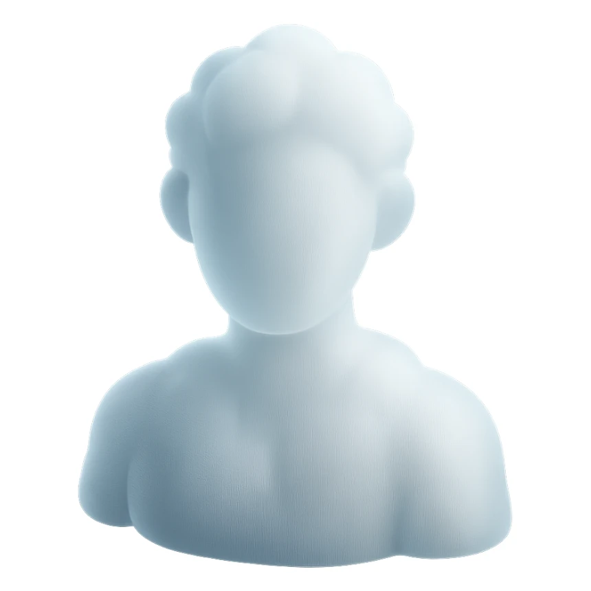 person made entirely of white fluffy clouds, shoulder up, front view, matte glass style sticker