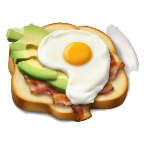 Breakfast plate with avocado & cream cheese toast spreaded like chessboard with poached egg and bacon sticker