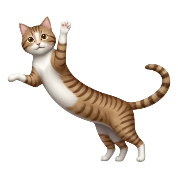 brown tabby and white cat with doing a big extremely long stretch reaching up into the air with arms and legs side by side together straight and overextended whilst lying on its side sticker