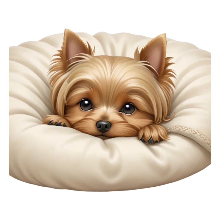 Meme-Worthy Cute Sleeping Yorkshire Terrier Portrait Emoji, Head resting gently with a peaceful, contented expression and softly closed, dreamy eyes, featuring a well-groomed, silky fur in rich hues, simplified yet irresistibly endearing, highly detailed, glowing with a gentle, drowsy radiance, high shine, exuding relaxed, heart-melting charm, styled with a soft glowing outline, capturing the essence of a sleeping Yorkshire Terrier that looks as if it could drift off into a sweet, meme-worthy slumber! sticker
