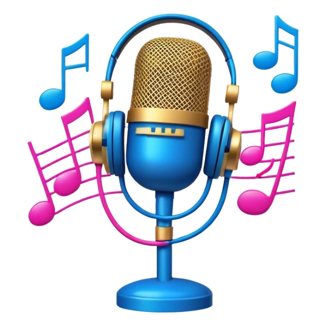 Create a vibrant and energetic emoji that represents pop or stage vocal performance. The design should feature a microphone, a set of musical notes, and a spotlight or stage lighting to symbolize the performance aspect of pop singing. Add elements like studio headphones, a music mixer, or a soundboard to reflect the modern, studio-based nature of pop vocal performance. Use bright colors like neon pink, electric blue, and gold to convey energy, creativity, and the glamour of the stage. The background should be transparent. sticker