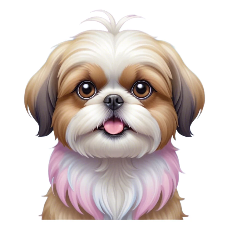 Cinematic Comical Shih Tzu Portrait Emoji, Head cocked with a hilariously exaggerated, shocked expression and twinkling, comically wide eyes, showcasing a fluffy, luxurious fur in soft pastel tones, simplified yet whimsically detailed, glowing with a playful, sassy radiance, high shine, exuding a humorous and cheeky charm, styled with a soft glowing outline, capturing the essence of a Shih Tzu that looks as if it could burst into a fit of playful antics at any moment! sticker