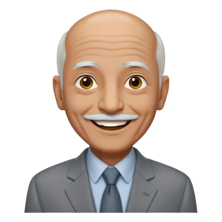 70 yr old man, almost bald, some white hair, pakistani, light grey business suit, big smile, dark skin, no facial hair
 sticker