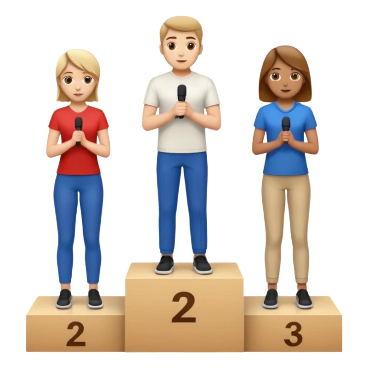 show people on podium in second, first then third position.  The podium should be labeled 2, 1, 3. The middle position should only have the number 1.  the people should be dressed causally in regular relaxed clothes

 sticker