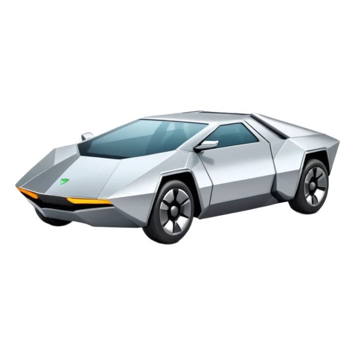 A futuristic chrome car emoji, sharp geometric body design inspired by cybertruck aesthetics, smooth silver metallic surface, matte and glossy chrome mix, minimal details, soft reflections, clean edges, iOS emoji style, centered, clean white background, soft studio lighting, no text sticker