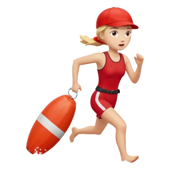 Female lifeguard – red cap, running along shore with rescue buoy sticker