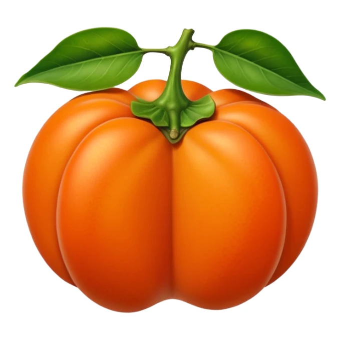 whole persimmon fruit with smooth glossy orange skin, flattened round shape, green leafy calyx on top with soft folds and natural texture, slightly dimpled surface suggesting ripeness and firmness, no leaf cut or extras, soft lighting, subtle shadows, emoji scale sticker