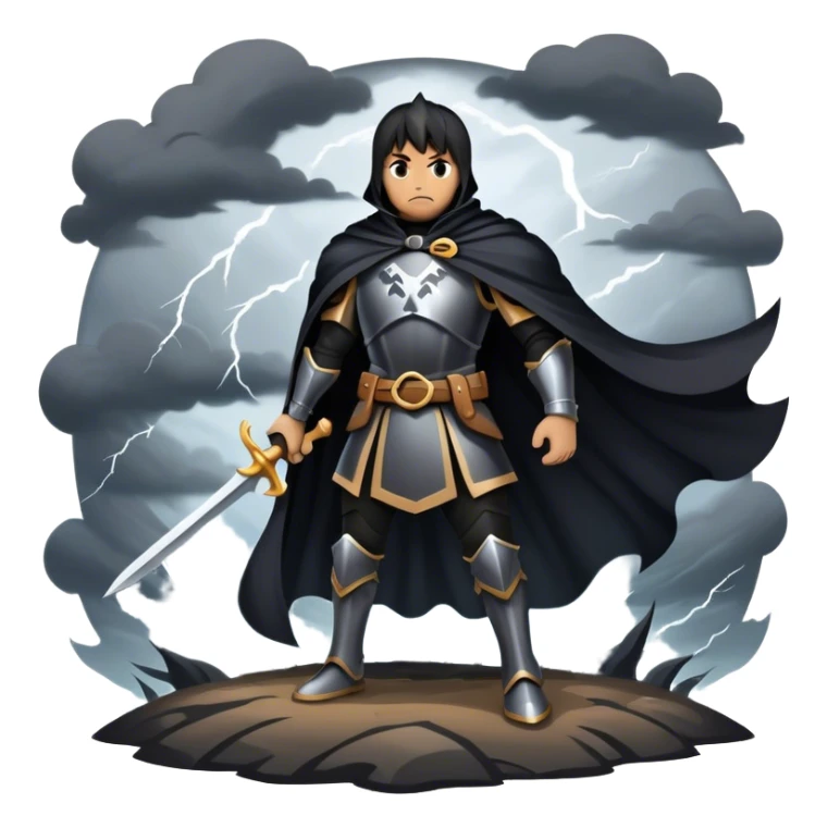 A shadowy knight with a black cape, standing in a stormy battlefield sticker