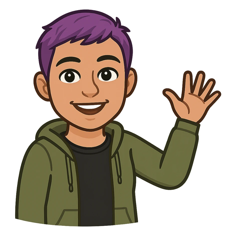 bitmoji style non-binary person with short purple hair, waving their hand, friendly expression sticker