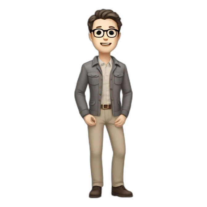Full height Pale skinned Fit Man With dark brown hair in gray classic jacket, beige office shirt, Brown pants and vintage glasses. Thrumbs of his palms upwards sticker