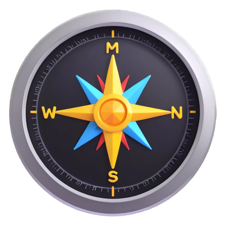 realistic compass, 3D emoji style, shiny metal, glass cover, modern design, like the official compass emoji sticker