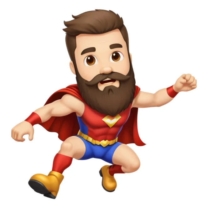 funny superhero with oversized beard tripping on his beard, clumsy superhero sticker