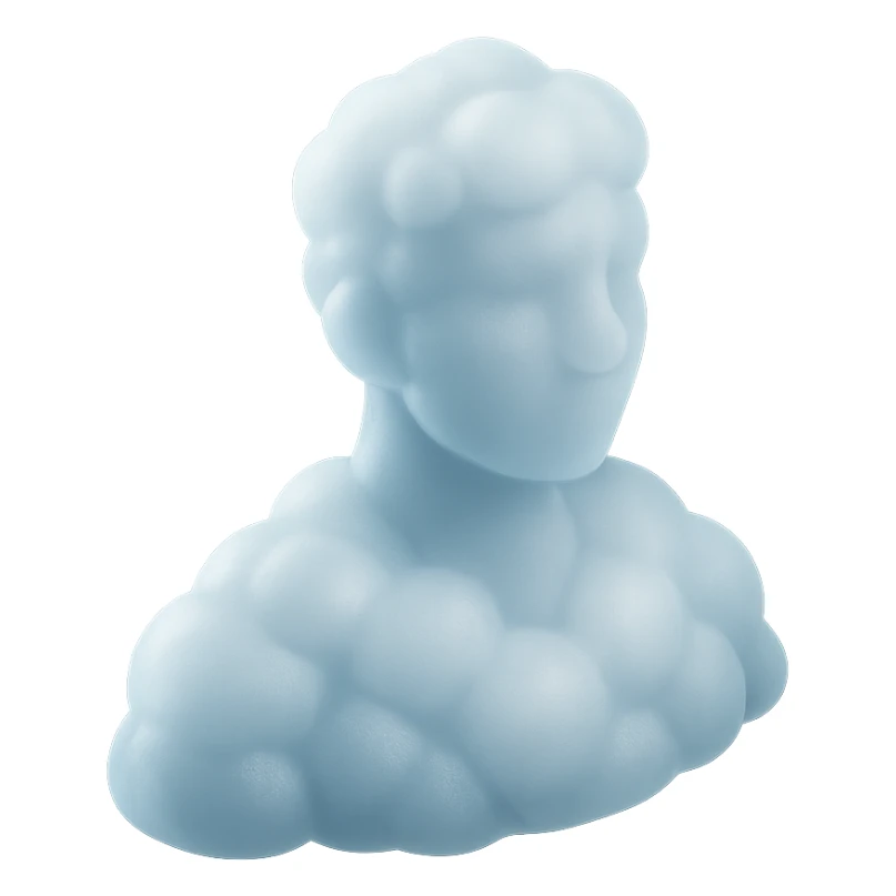 person looking straight, composed entirely of white fluffy convex clouds, shoulder up, matte glass style sticker