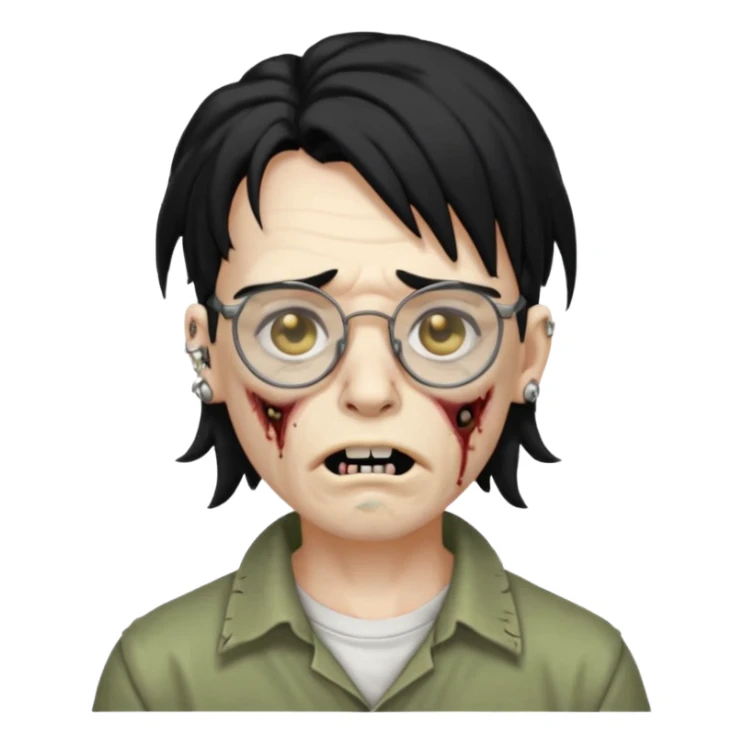 homem zumbi de óculos mullet piercing na boca piercing nas duas sobrancelhas duas orelhas giradas trágus esquerdo furado cabelo preto com muita olheira sticker