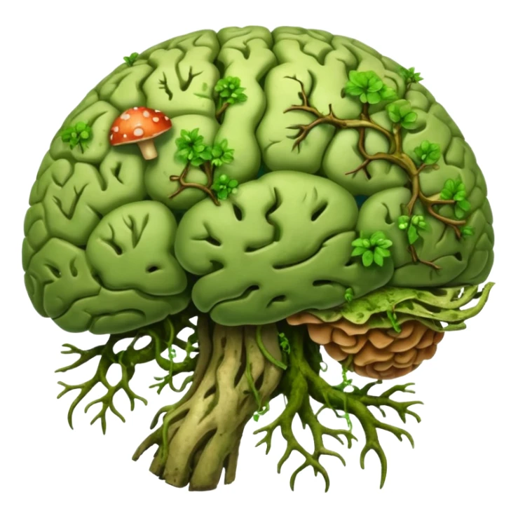 brain with moss and green fungi, vines taking over sticker