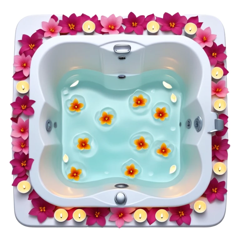 A nice square-shaped romantic Jacuzzi tub with warm water, with flower petals and scented candles, romantic lush warm colors sticker