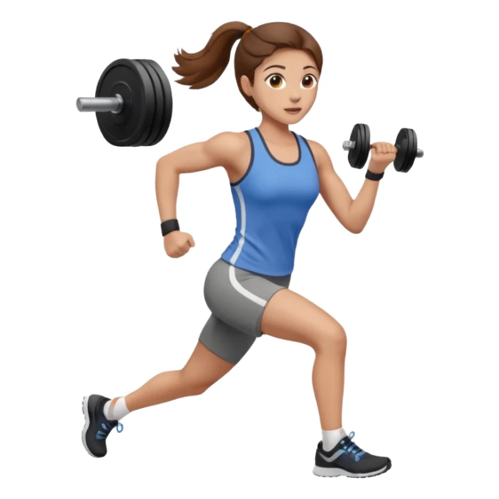 one women running and lifting weights. brown hair, light skin, hazel eyes. sticker