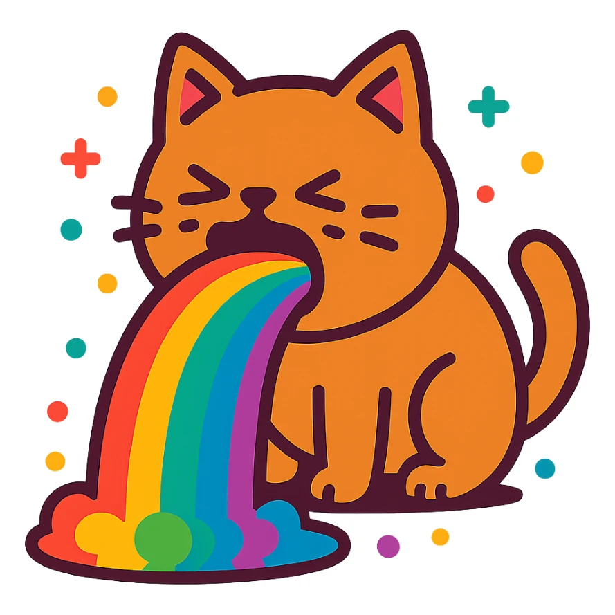 a cute animal throwing up a rainbow, playful and colorful sticker