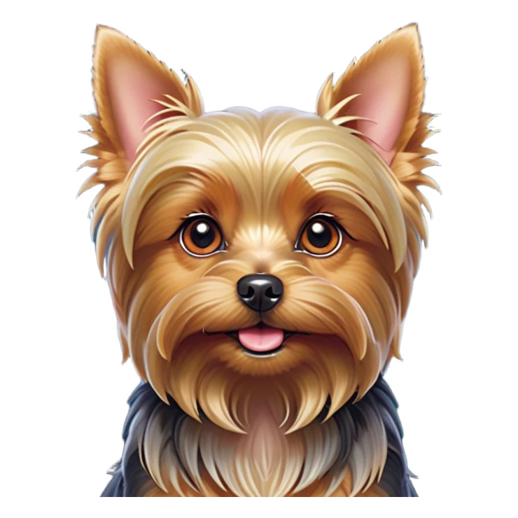Cinematic Cute Yorkshire Terrier Portrait Emoji, Head perked with bright, twinkling eyes and a perky expression, showcasing a soft, silky fur in rich hues, simplified yet adorably detailed, glowing with a cheerful, inviting glow, high shine, exuding playful intelligence and spunky charm, styled with a gentle, whimsical outline, capturing the essence of a cute Yorkshire Terrier that appears ready to frolic off the screen with irresistible energy! sticker
