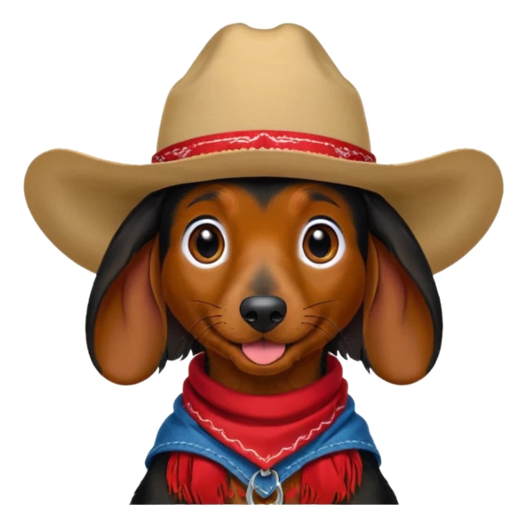 mostly black with some brown long hair daschund with a cowboy hat, ears curl out a bit and bandana and tongue slightly out sticker