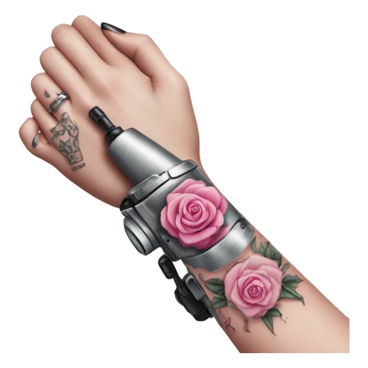 White girl hand with pink tattoos holding a tattoo machine sticker