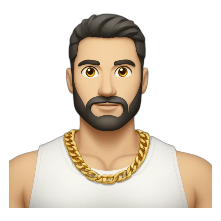 Russian strong man aged 30 wearing gold chain with black hair and short beard sticker