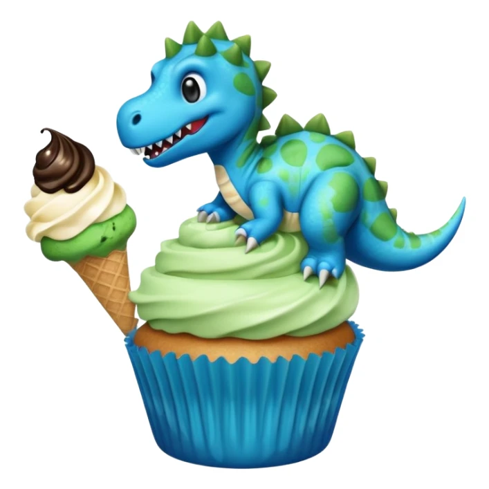 A cupcake having blue and black icing and a dinosaur as a decoration and ice cream next to it sticker