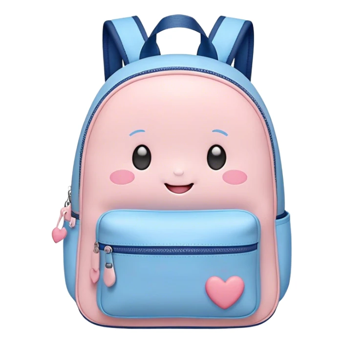 Cute Kawaii Backpack, round and chubby, soft pastel pink and blue, tiny heart-shaped zippers, blushing cheeks, a tiny smiling face, a happy school-time companion! sticker