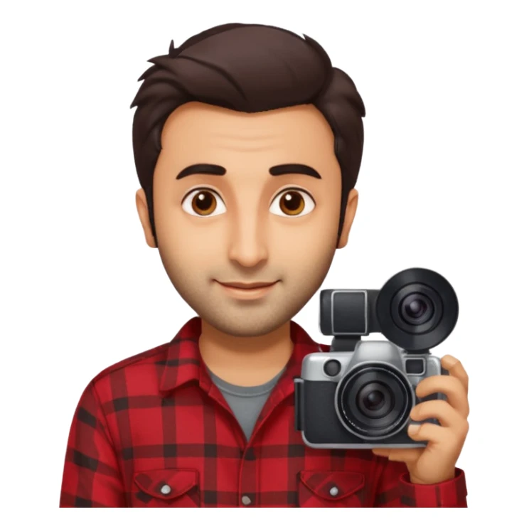 generate a pretty bratz emoji 
Make her look like Ranbir kapoor wearing a red flannel shirt, smirking and carrying a camera

he should look exactly  like ranbir kapoor!  sticker