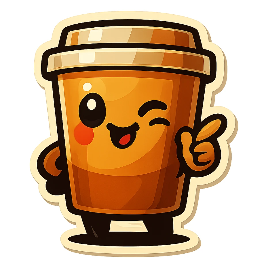 Tall coffee cup, flirty wink, pointing at viewer sticker