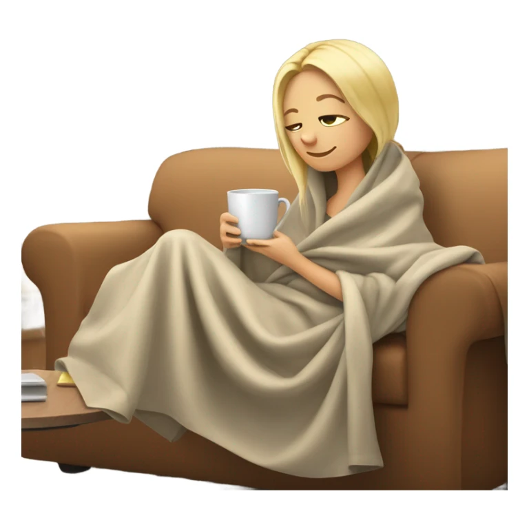 Blond girl drinking coffee in a blanket on the sofa  sticker