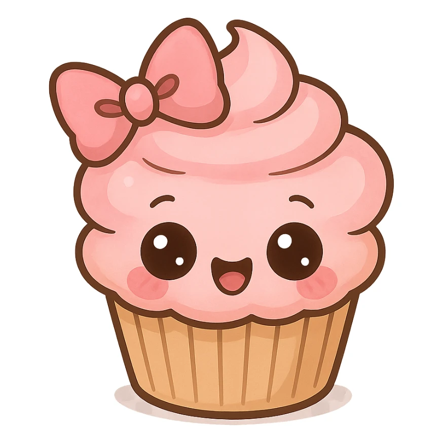 a cute pink cupcake with a bow, original design, big eyes, blushing cheeks, joyful sticker