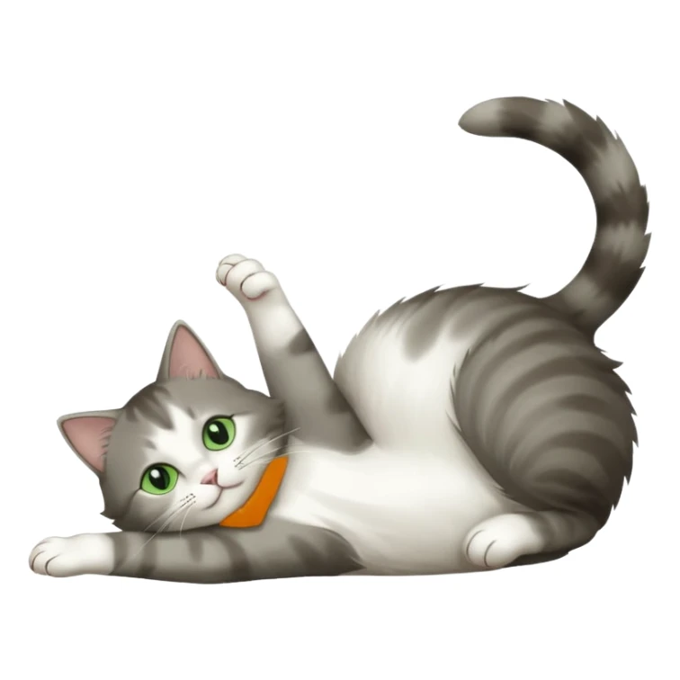 grey and white cat with green eyes doing a big extremely long stretch reaching up into the air with arms and legs side by side together straight and overextended whilst lying on its side sticker