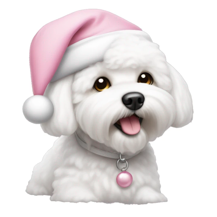 bichon frise with a light pink santa hat sticker