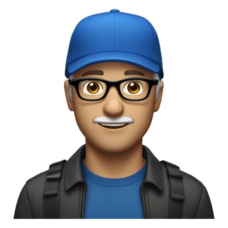A white man wearing a blue cap and black glasses sticker