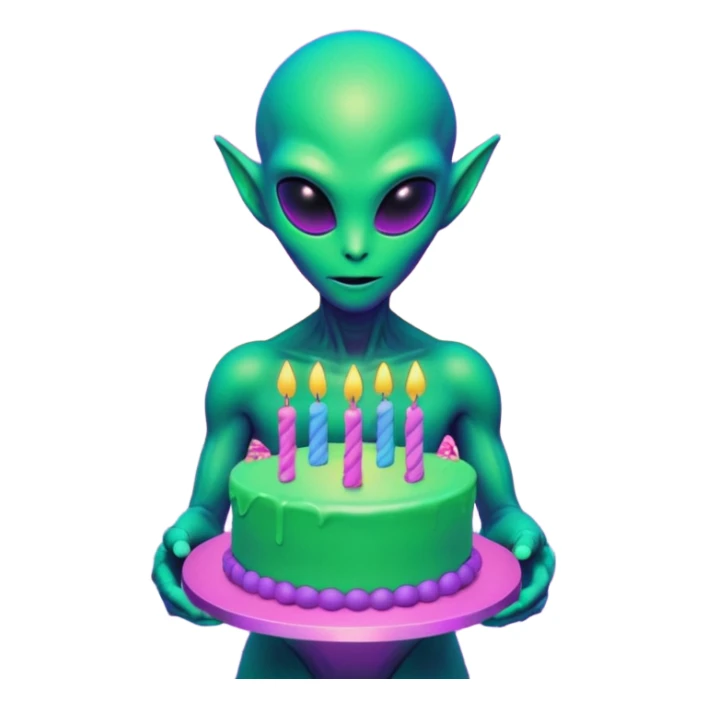 A neon-colored alien holding a holographic birthday cake, 1980s vaporwave aesthetic, grid floor, purple and cyan sunset, glitch effects, synthwave atmosphere, retro futuristic style
 sticker