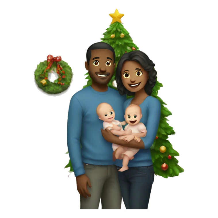 Couple standing by a Christmas tree holding a baby sticker