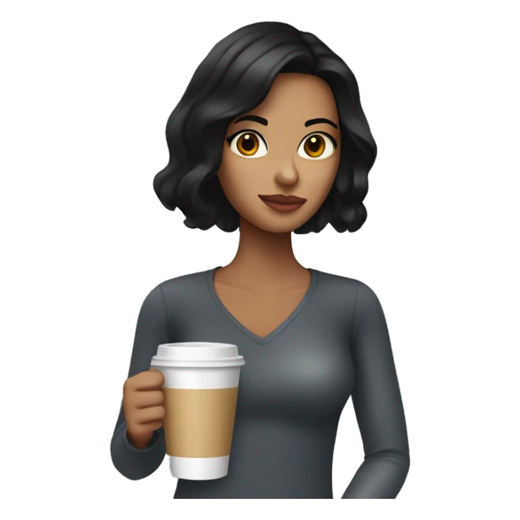 Girl with black hair slightly tan skin and brown eyes sips coffe in a plastic cup with foam sticker