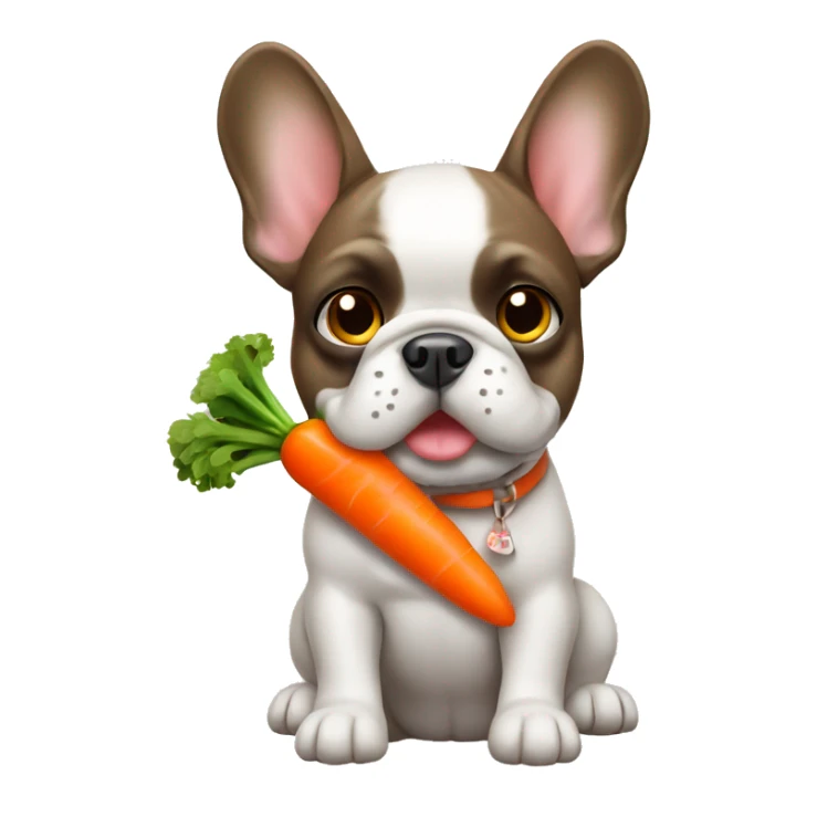 A frenchie dog with a carrot toy  sticker